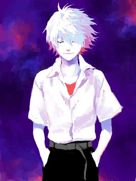 Anime picture 600x800 with neon genesis evangelion gainax nagisa kaworu azuco (i-azs) single tall image fringe short hair simple background hair between eyes red eyes standing silver hair light smile looking down blue background hands in pockets boy uniform school uniform