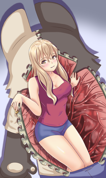 Anime picture 2451x4096 with gleipnir (series) aoki clair kagaya shuichi kristi palmer31 single long hair tall image looking at viewer blush fringe highres breasts simple background blonde hair smile hair between eyes sitting yellow eyes from above arm support