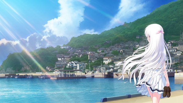 Anime picture 1920x1080 with summer pockets key (studio) naruse shiroha na-ga single long hair highres wide image holding sky outdoors white hair pleated skirt wind from behind sunlight official art city landscape scenic