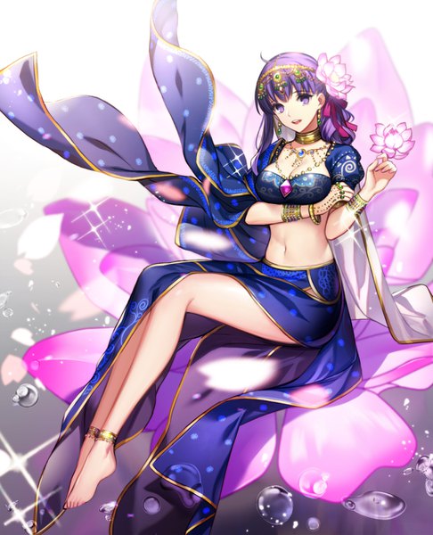 Anime-Bild 1100x1358 mit fate (series) fate/grand order matou sakura parvati (fate/grand order) eu (euspia) single long hair tall image looking at viewer breasts open mouth sitting purple eyes purple hair traditional clothes parted lips barefoot hair flower teeth bare legs