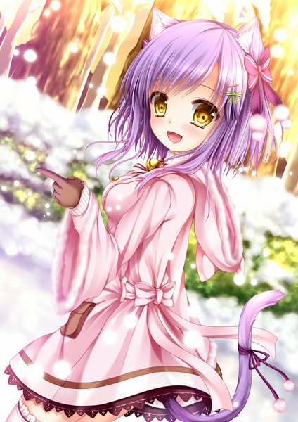 Anime picture 800x1131 with original shitou single tall image blush fringe short hair open mouth animal ears yellow eyes purple hair tail blunt bangs animal tail cat ears cat girl cat tail fang (fangs) snowing snow