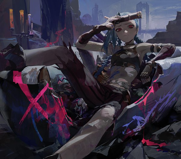 Anime picture 1700x1500 with league of legends jinx (league of legends) modare single long hair looking at viewer blue hair braid (braids) pink eyes midriff twin braids shaded face reclining girl gloves weapon fingerless gloves gun crop top candle (candles)