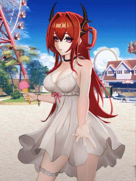 Anime picture 3000x4000 with arknights surtr (arknights) absurd fox single long hair tall image fringe highres breasts light erotic hair between eyes large breasts standing purple eyes looking away sky outdoors red hair horn (horns) sleeveless