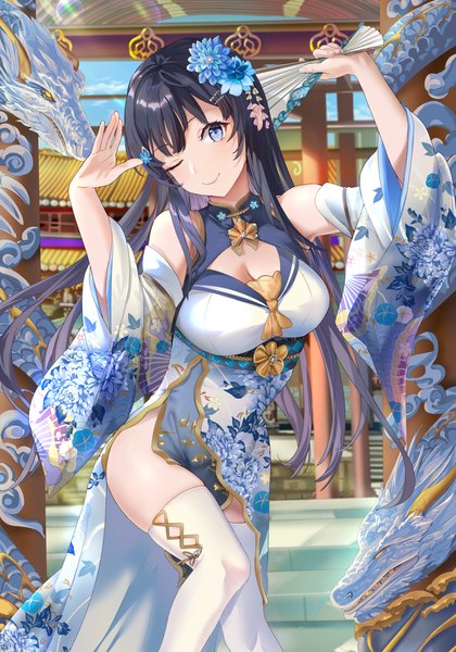 Anime picture 3073x4392 with seishun buta yarou cloverworks sakurajima mai mosta (lo1777789) single long hair tall image looking at viewer blush fringe highres breasts blue eyes light erotic black hair smile large breasts standing bare shoulders absurdres