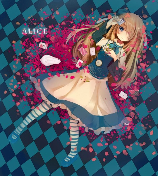 Anime picture 1800x2000 with alice in wonderland alice (wonderland) itamidome single long hair tall image fringe highres blue eyes blonde hair lying nail polish hair over one eye tears crying checkered floor girl dress hair ornament petals