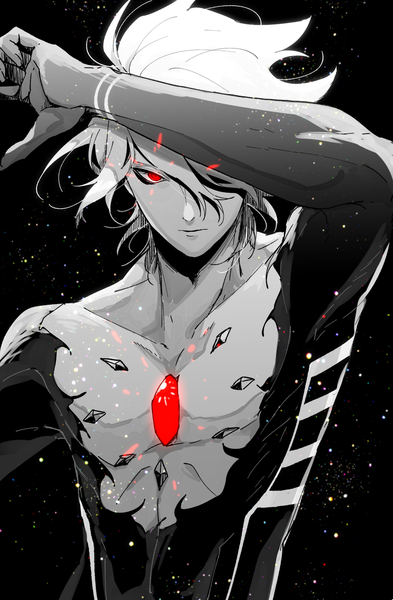 Anime picture 1114x1700 with fate (series) fate/apocrypha karna (fate) fuka (hk nemo) single tall image fringe short hair simple background red eyes upper body arm up hair over one eye black background monochrome spot color boy
