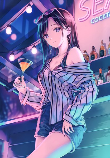 Anime picture 2406x3464 with original hiten (hitenkei) single long hair tall image looking at viewer fringe highres breasts black hair smile standing purple eyes holding indoors long sleeves nail polish fingernails scan off shoulder