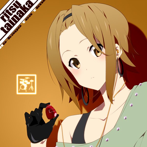 Anime picture 1000x1000 with tainaka ritsu nanao (mahaya) short hair brown hair yellow eyes girl gloves earrings food hairband headphones berry (berries) strawberry digital media player