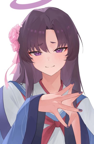 Anime picture 3961x6072 with blue archive yukari (blue archive) randouworks single long hair tall image looking at viewer highres simple background smile white background purple eyes absurdres purple hair upper body nail polish hair flower fingers together girl uniform