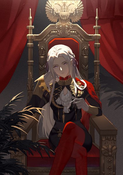 Anime picture 1352x1920 with fire emblem fire emblem: three houses nintendo edelgard von hresvelg moyibzs single long hair tall image looking at viewer sitting purple eyes white hair long sleeves crossed legs shaded face head rest girl gloves uniform ribbon (ribbons)
