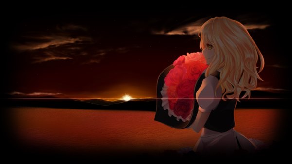 Anime picture 4098x2304 with touhou kirisame marisa feitian doushabao single long hair highres blonde hair wide image yellow eyes absurdres evening sunset girl dress flower (flowers)