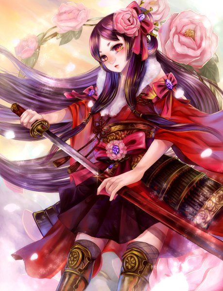 Anime picture 1000x1308 with original haruci single tall image looking at viewer blush red eyes purple hair very long hair traditional clothes hair flower girl thighhighs dress hair ornament flower (flowers) bow weapon hair bow petals