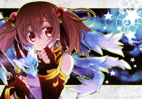 Anime picture 3801x2673 with sword art online a-1 pictures silica pina (sao) hazuki tsubasa single looking at viewer highres short hair red eyes brown hair twintails absurdres scan official art short twintails fantasy girl gloves weapon