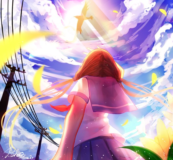 Anime picture 964x896 with original pkq single long hair twintails signed sky cloud (clouds) pleated skirt arm up orange hair shadow from below short sleeves back dated girl skirt uniform flower (flowers)