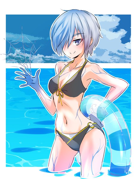 Anime picture 1596x2080 with rwby rooster teeth trifa (rwby) iesupa single tall image looking at viewer fringe short hair breasts light erotic smile purple eyes blue hair sky cleavage cloud (clouds) hair over one eye hand on hip partially submerged