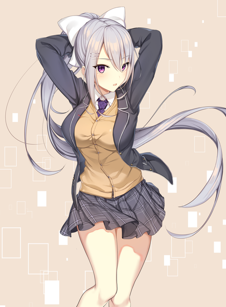 Anime picture 1105x1500 with virtual youtuber nijisanji higuchi kaede ikomochi single tall image looking at viewer blush fringe open mouth simple background hair between eyes standing purple eyes silver hair ponytail very long hair open jacket plaid skirt arms behind head