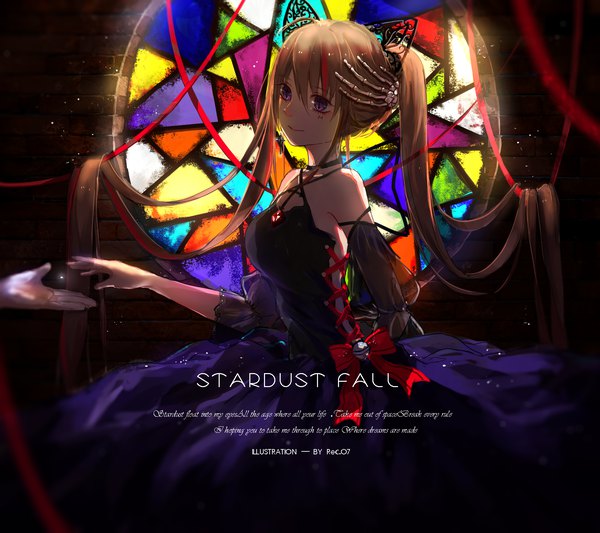 Anime picture 1800x1600 with stardust fall rec.07 single long hair highres smile twintails bare shoulders animal ears looking away cleavage very long hair head tilt puffy sleeves outstretched arm fake animal ears girl dress hair ornament bow