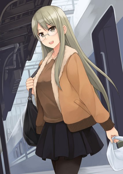 Anime picture 780x1100 with original oribe shiori kouno hikaru single long hair tall image open mouth looking away grey hair black eyes open clothes open jacket girl skirt glasses jacket bag train