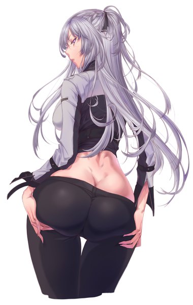 Anime picture 1960x3094 with girls frontline ak-12 (girls frontline) rantia (artist) single long hair tall image looking at viewer fringe highres breasts light erotic simple background hair between eyes standing white background purple eyes ass braid (braids) long sleeves parted lips
