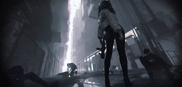 Anime picture 8000x3856 with original shale long hair highres black hair wide image standing twintails holding absurdres full body outdoors long sleeves from behind from below city solo focus girl weapon shoes