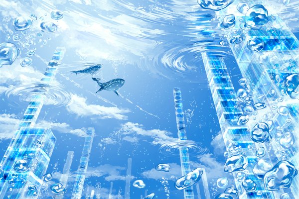 Anime picture 936x624 with original konomi (el love) cloud (clouds) reflection no people animal water building (buildings) bubble (bubbles) whale