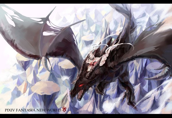 Anime picture 1798x1230 with original pixiv fantasia moca (p0ckylo) long hair highres red eyes white hair very long hair flying girl dress crown dragon