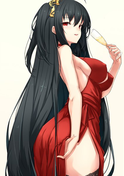 Anime picture 877x1241 with azur lane taihou (azur lane) taihou (forbidden feast) (azur lane) asya single tall image looking at viewer blush fringe breasts open mouth light erotic black hair simple background hair between eyes red eyes large breasts white background payot cleavage