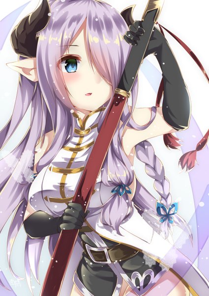 Anime picture 2507x3541 with granblue fantasy narmaya (granblue fantasy) amane tari single long hair tall image blush fringe highres breasts open mouth blue eyes large breasts standing white background bare shoulders holding looking away purple hair braid (braids)