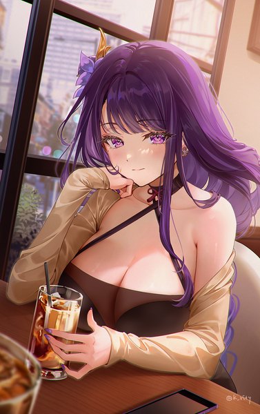Anime picture 961x1531 with genshin impact raiden shogun rity single long hair tall image looking at viewer blush fringe breasts light erotic large breasts purple eyes signed purple hair upper body blunt bangs nail polish fingernails light smile