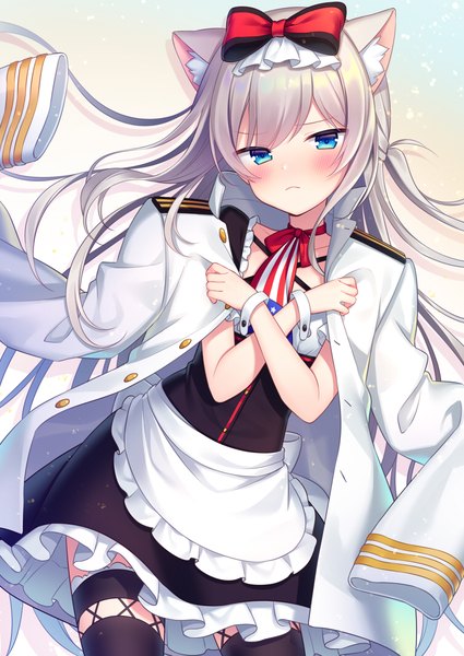 Anime picture 752x1062 with azur lane hammann (azur lane) amane kurumi single long hair tall image looking at viewer blush fringe blue eyes simple background hair between eyes standing holding animal ears silver hair head tilt cat ears maid one side up