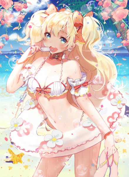 Anime picture 615x840 with sword girls lloule ilule single long hair tall image looking at viewer open mouth blue eyes light erotic blonde hair standing twintails sky cloud (clouds) nail polish wet beach happy eating