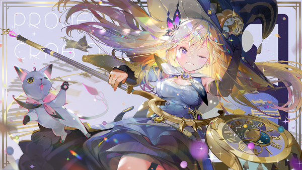 Anime-Bild 1800x1015 mit original crab d single long hair blush highres blonde hair smile wide image purple eyes holding long sleeves parted lips one eye closed wink wide sleeves teeth sparkle text border