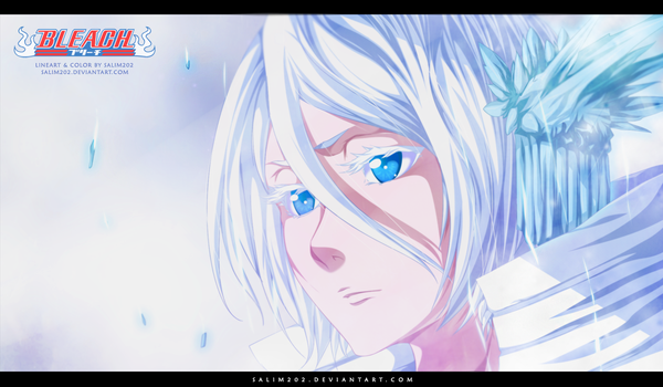 Anime picture 1375x804 with bleach studio pierrot kuchiki rukia salim202 single short hair blue eyes wide image white hair inscription coloring close-up face girl