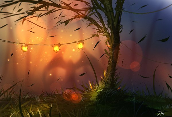 Anime picture 1478x1005 with original ryky wind blurry light no people plant (plants) leaf (leaves) grass lamp