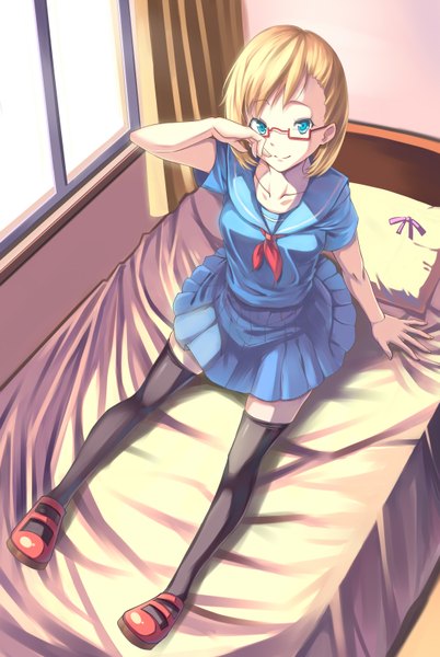Anime picture 2146x3199 with original crazyodin single tall image looking at viewer highres short hair blue eyes blonde hair smile girl thighhighs uniform black thighhighs school uniform glasses bed