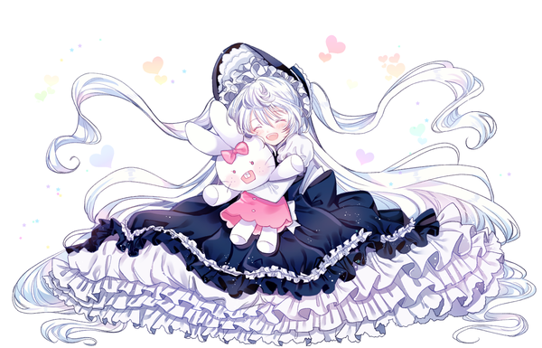 Anime picture 1400x900 with original dabi (dabibubi) single blush fringe open mouth simple background hair between eyes white background sitting holding white hair eyes closed very long hair two side up puffy sleeves hug floating hair frilled dress ^ ^