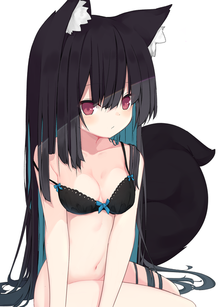Anime picture 2591x3624 with original mm2k single tall image looking at viewer blush fringe highres breasts light erotic black hair simple background hair between eyes red eyes white background sitting animal ears cleavage tail very long hair