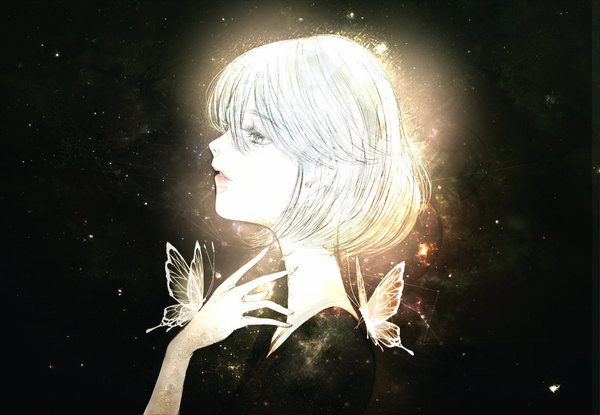 Anime picture 2326x1610 with houseki no kuni diamond (houseki no kuni) kuroe (pixiv5268156) single fringe highres short hair simple background hair between eyes silver hair parted lips profile black background portrait silver eyes androgynous butterfly on hand insect butterfly