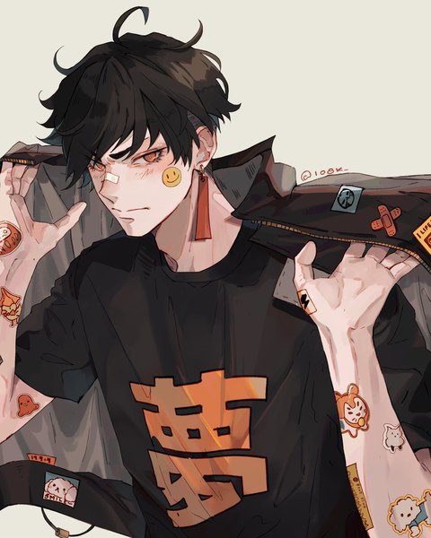 Anime picture 1440x1800 with original 1o8k single tall image looking at viewer short hair black hair simple background red eyes signed ahoge grey background twitter username bandaid on nose boy jacket t-shirt bandaid single earring