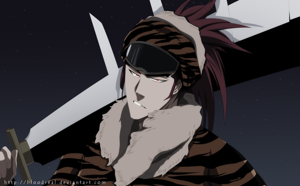 Anime picture 2000x1241 with bleach studio pierrot abarai renji advance996 single long hair highres red eyes wide image red hair night night sky coloring boy weapon fur star (stars) goggles bandana huge weapon