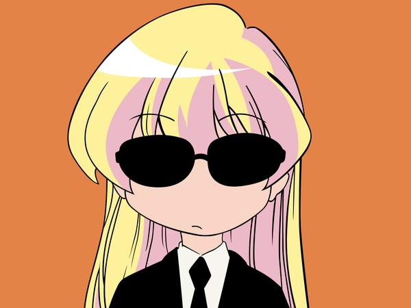 Anime picture 1600x1200 with pani poni dash! rebecca miyamoto single long hair fringe blonde hair orange background girl necktie sunglasses suit