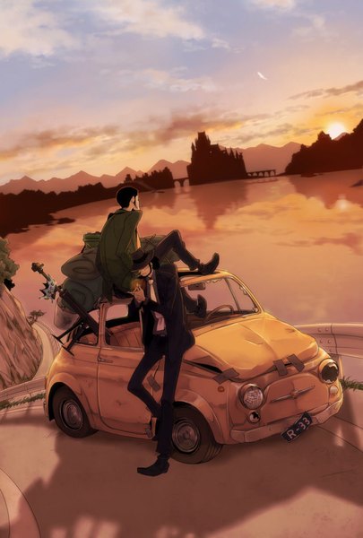 Anime picture 827x1224 with lupin iii arsene lupin iii zenigata kouichi rui yuda tall image short hair black hair sitting sky cloud (clouds) bent knee (knees) from behind multiple boys back evening reflection sunset bristle boy necktie
