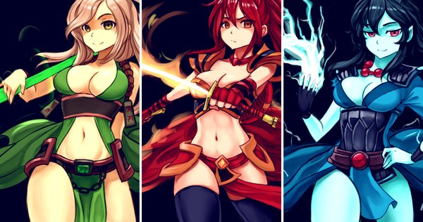 Anime picture 3032x1600 with dota 2 (game) storm spirit (dota 2) ember spirit (dota 2) earth spirit (dota 2) sieyarelow long hair looking at viewer fringe highres breasts light erotic black hair simple background blonde hair smile red eyes wide image multiple girls yellow eyes ponytail