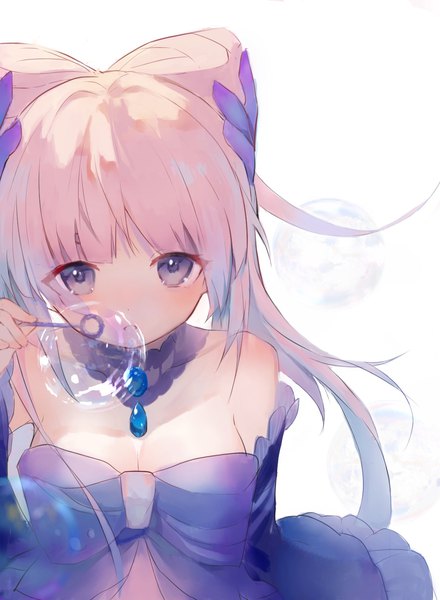 Anime picture 1100x1500 with genshin impact sangonomiya kokomi shumuji single long hair tall image looking at viewer white background purple eyes pink hair cleavage upper body bubble blowing girl detached sleeves detached collar bubble (bubbles)