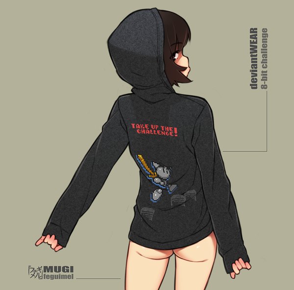 Anime picture 900x889 with original mugi (feguimel) feguimel single short hair light erotic black hair simple background brown eyes ass profile looking back from behind grey background girl hood hoodie
