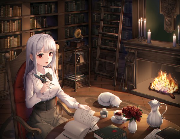 Anime picture 3500x2707 with original anje2555 single long hair looking at viewer fringe highres open mouth red eyes sitting holding absurdres white hair indoors blunt bangs long sleeves :d pleated skirt from above fang (fangs)