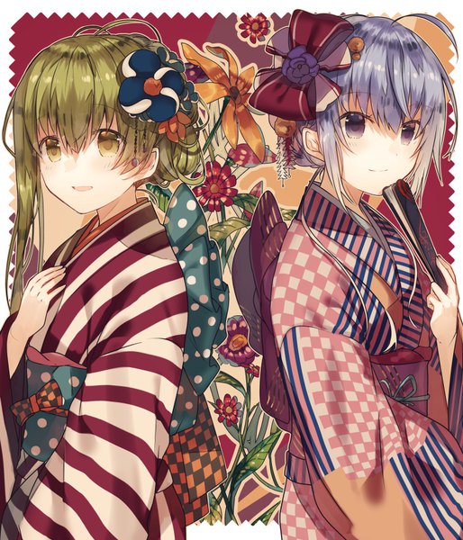 Anime picture 756x882 with shiro seijo to kuro bokushi original cecilia (shiro seijo to kuro bokushi) haiselita aldridge teigi tall image blush fringe short hair open mouth smile hair between eyes standing purple eyes multiple girls holding green eyes purple hair ahoge traditional clothes