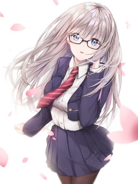 Anime picture 1500x2002 with original cuna (qunya) single long hair tall image looking at viewer blush fringe breasts open mouth blue eyes simple background hair between eyes standing white background silver hair pleated skirt open clothes mole mole under eye