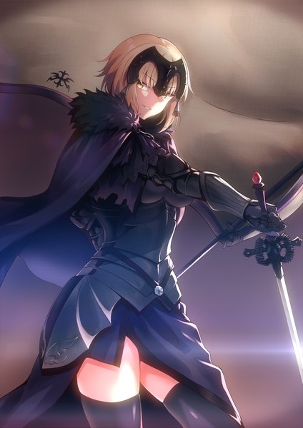 Anime picture 2894x4093 with fate (series) fate/grand order jeanne d'arc (fate) (all) jeanne d'arc alter (fate) mo3hig3 single tall image looking at viewer fringe highres short hair blonde hair smile hair between eyes standing holding yellow eyes head tilt wind fur trim