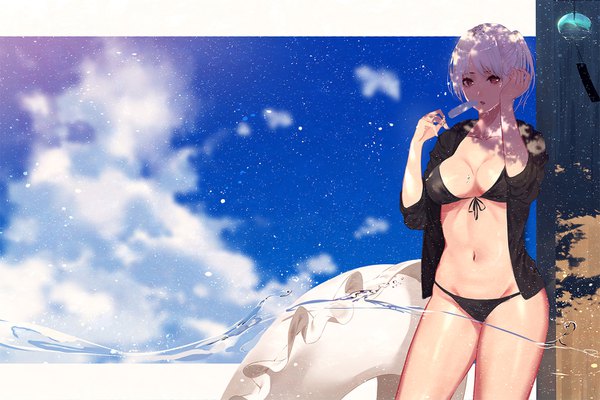 Anime picture 1500x1000 with original kisui single looking at viewer blush fringe short hair breasts open mouth light erotic hair between eyes red eyes large breasts standing holding sky cleavage cloud (clouds) outdoors white hair